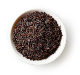 Bowl of Earl Grey tea isolated on white; from above