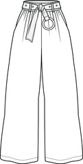 women belted high waist trouser wide leg palazzo pant flat sketch vector illustration