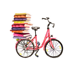 Bicycle and books pile. Watercolor for school, education design - 451433875