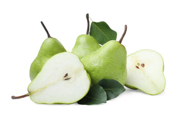 Whole and cut fresh ripe pears on white background