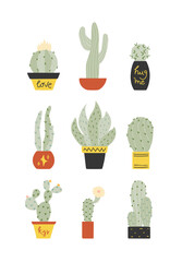 Set of doodle cacti in pots illustration. Cute vector drawings isolated on white background. Different kinds of cacti.