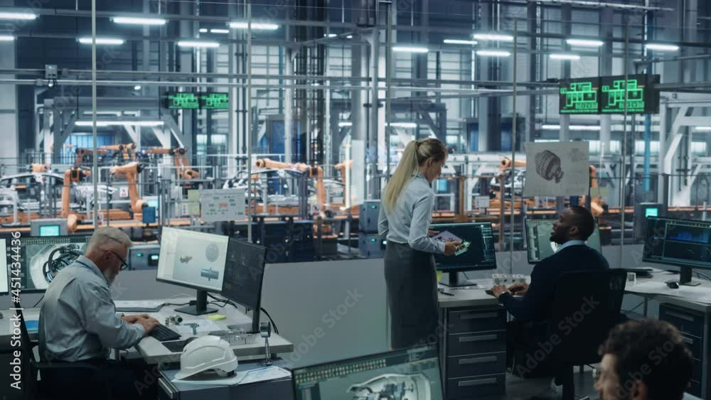 Aufkleber car factory: team of automotive engineers working, using computers to design advanced 3d models for 