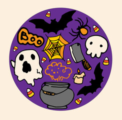 Round template for Halloween. Vector round pattern of a ghost, bats, and a witch's bowler hat drawn in doodle style, in orange and white colors on a purple background for a Halloween party