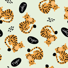 Vector seamless pattern with spotted tigers.  Tigers on a green background.  Wildlife and fauna, Vector flat illustration.  A family of felines or carnivores.