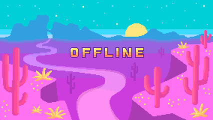 Stream banner with phrase Offline. Wild west location with cactuses and road.