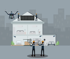 Flat design of solar cell tectnology, The technician monotoring staff setting solar cell on  the roof from drone - vector
