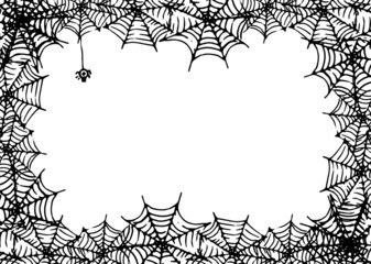 Vector frame made of spider web with an empty space for text. Horizontal rectangular template made of doodle-style black spider web with a spider on a white background for a Halloween design template