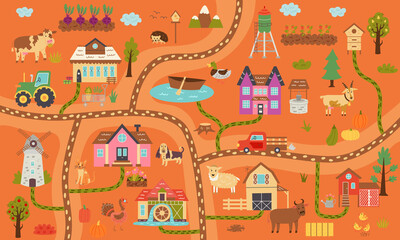 Autumn horizontal rustic farm map. Map constructor village, farm animals, ranch. Nursery design for posters, carpet, children room. Vector hand draw illustration