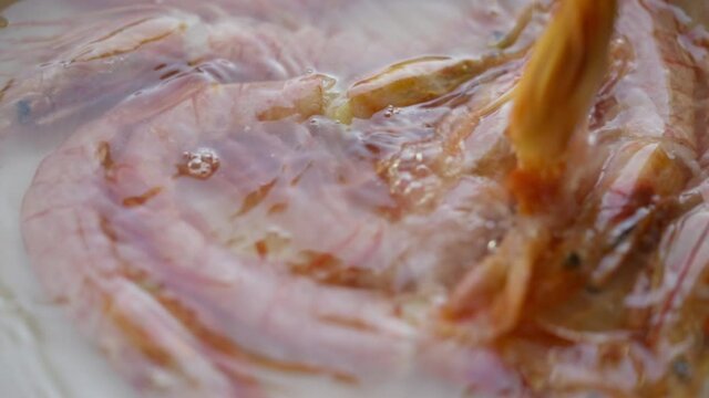 Fresh whole pink prawns or shrimps boiling in a pot of water in a close up view in full frame in a seafood and dietary concept