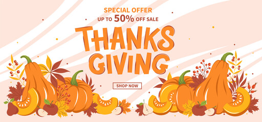 Thanksgiving sale banner, seasonal promo offer discount poster for autumnal shopping. Pumpkin harvest, fruits, leaves, berries. Vector illustration