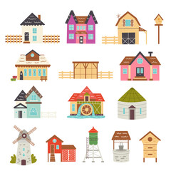 Set of farmhouse buildings. Cottages, railway station, barn, mill, elevator, chicken coop, water tower, well, apiary. Vector hand draw clipart  © Anna Drozdova