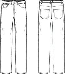 straight denim jeans retro button fly pant fashion trouser flat sketch vector illustration  - obrazy, fototapety, plakaty