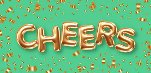 Phrase Cheers gold foil balloons on color background with confetti. Vector illustration