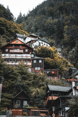 City near the lake in the mountains