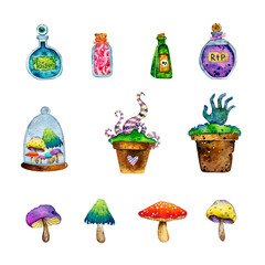 Watercolor Halloween illustration. Mushrooms, pots, poison party design isolated