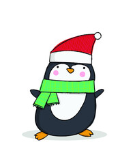 cute penguin wearing a scarf and christmas hat