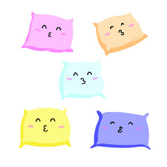 Kissing pillow set , flat cartoon style. interior textile. Pillows for sofa, three in a row, for bed, sleep. Isolated on white vector illustration.