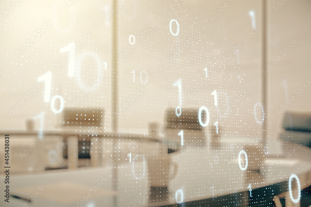 Poster abstract virtual binary code sketch on a modern boardroom background, hacking and matrix concept. mu