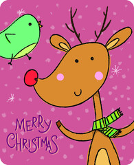 christmas card with reindeer and bird