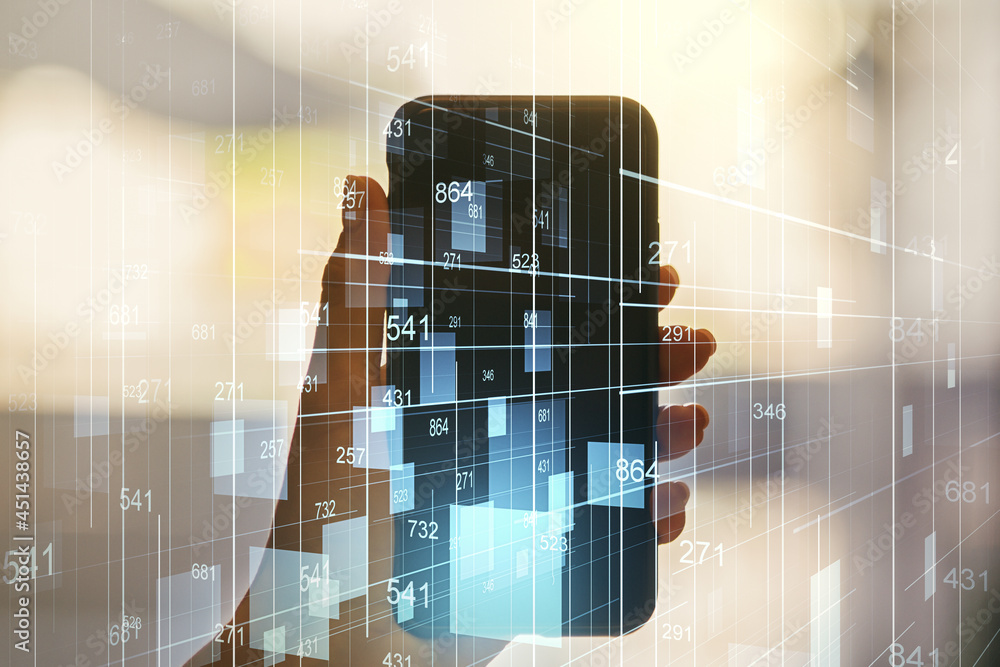 Poster multi exposure of abstract graphic data spreadsheet sketch and hand with mobile phone on background,