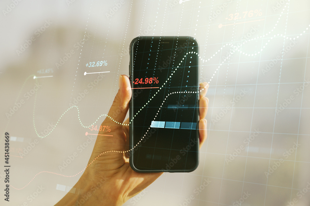 Poster multi exposure of abstract graphic data spreadsheet sketch and hand with mobile phone on background,