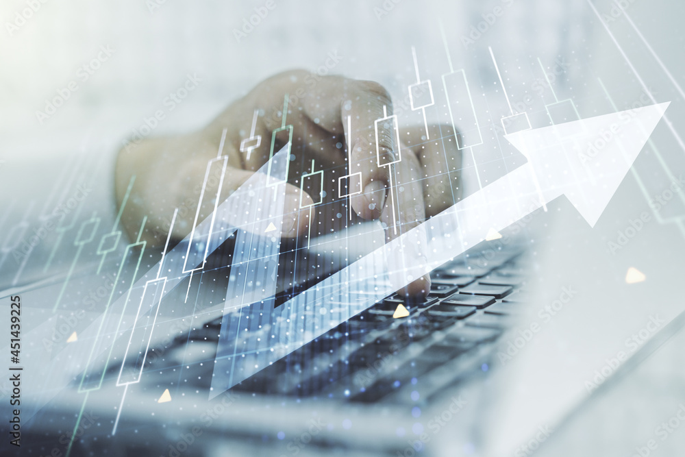 Poster double exposure of abstract creative financial diagram with upward arrow and hands typing on compute