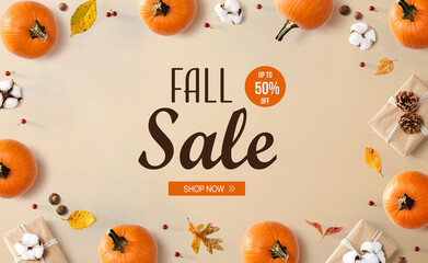 Fall sale banner with autumn pumpkins with present boxes