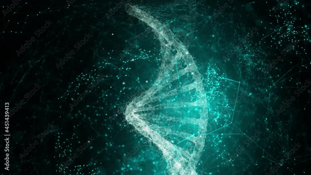 Poster abstract digital rotating dna molecule on futuristic flickering dots and lines copy space background