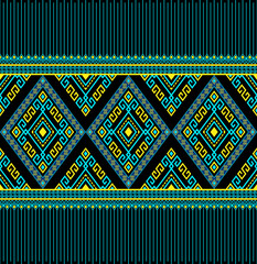 Turquoise Yellow Ethnic or Native Seamless Pattern on Black Background in Symmetry Rhombus Geometric Bohemian Style for Clothing or Apparel,Embroidery,Fabric,Package Design