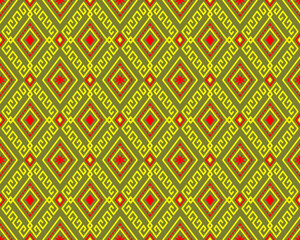 Yellow Red Tribe or Ethnic Seamless Pattern on Green Background in Symmetry Rhombus Geometric Bohemian Style for Clothing or Apparel,Embroidery,Fabric,Package Design
