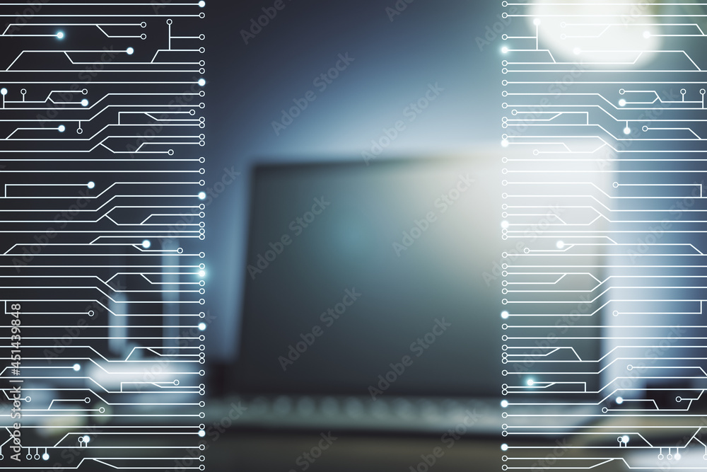 Poster Creative abstract micro chip hologram on modern computer background, artificial intelligence and machine learning concept. Multi exposure