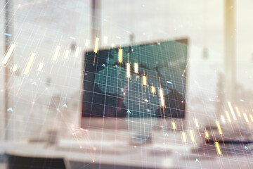 Double exposure of abstract creative financial diagram with world map on computer background, banking and accounting concept