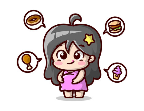 Cute pregnant woman is thinking about foods. High quality cartoon illustration.
