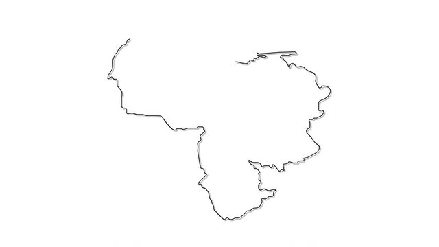 Self drawing animation of map of Venezuela, text name Venezuela. White background. Colours of flag - red, yellow, blue.