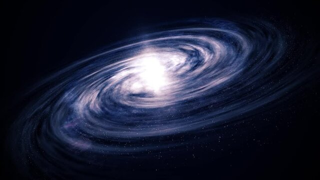 Universe with stars, space nebula and spiral Galaxy. Cosmic animation 4K with blue starlight shine of milky way, dust and particles. Birth of a galaxy. 3d rendering