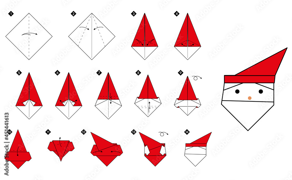 Aufkleber how to make simple origami santa claus head. step by step color diy instructions. outline vector ill