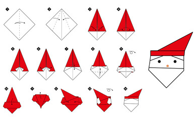 How to make simple  origami santa claus head. Step by step color DIY instructions. Outline vector illustration.
