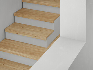 White concrete stairway and wooden step top surface with white plaster wall background in luxury studio scene. Modern showroom interior 3d rendering image for product display.