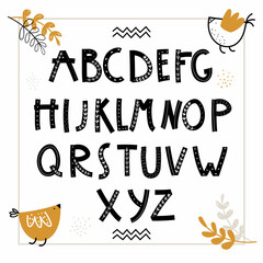 Vector doodle hand-drawn colored alphabets with frame. Children's poster with a cute Scandinavian style alphabet.Lovely letters. Lettering. Nursery poster with colored hand drawn letters. Abc.