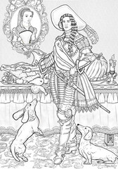 Humour illustration of Knight with dog having a feast in decorated banquet room