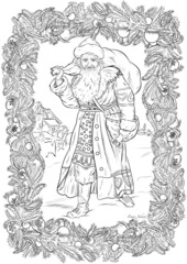 Fototapeta na wymiar Traditional drawing of Santa Klaus with frame for greeting card
