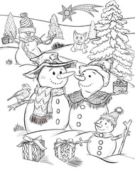 Snowmen family coloring page B/W in cartoon style, with gifts