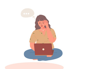 Doubted young lady working on laptop. Problem solving solution. Vector illustration 