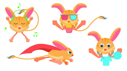 Set Abstract Collection Flat Cartoon 
Different Animal Jerboa Listening To Music Watching A Movie Knits Flies With A Cloak Vector Design Style Elements Fauna Wildlife