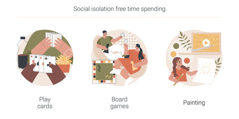 Social isolation free time spending abstract concept vector illustration set. Play cards, board games, painting, home sitting activities, family fun idea, painter online course abstract metaphor.