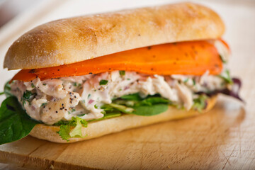 Chicken sandwiches. Served on toasted whole grain bread with melted Swiss cheese, mayonnaise and seasoned salt and pepper.  Classic American restaurant or diner lunch or brunch sandwich favorite.