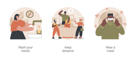 Prevent coronavirus spread abstract concept vector illustration set. Wash your hands, keep distance, wear a mask, virus exposure risk, social distancing, personal protection abstract metaphor.