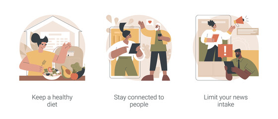 Self-qarantine wellbeing abstract concept vector illustration set. Keep a healthy diet, stay connected to people, limit your news intake, home cooking, social media connections abstract metaphor.