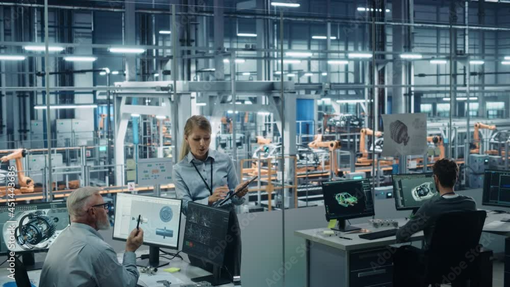 Aufkleber car factory: diverse team of automotive engineers working, using computers to design advanced models