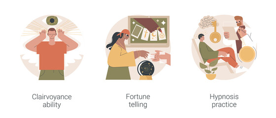 Alternative spiritual practices abstract concept vector illustration set. Clairvoyance ability, fortune telling, hypnosis practice, extrasensory ability, tarot reading services abstract metaphor.